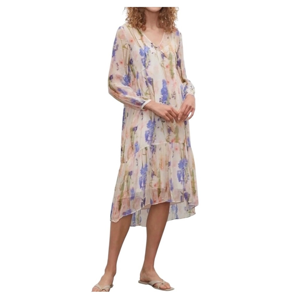 Club Monaco Floral Tiered Sheer Midi Dress Womens L Ethereal Feminine Watercolor